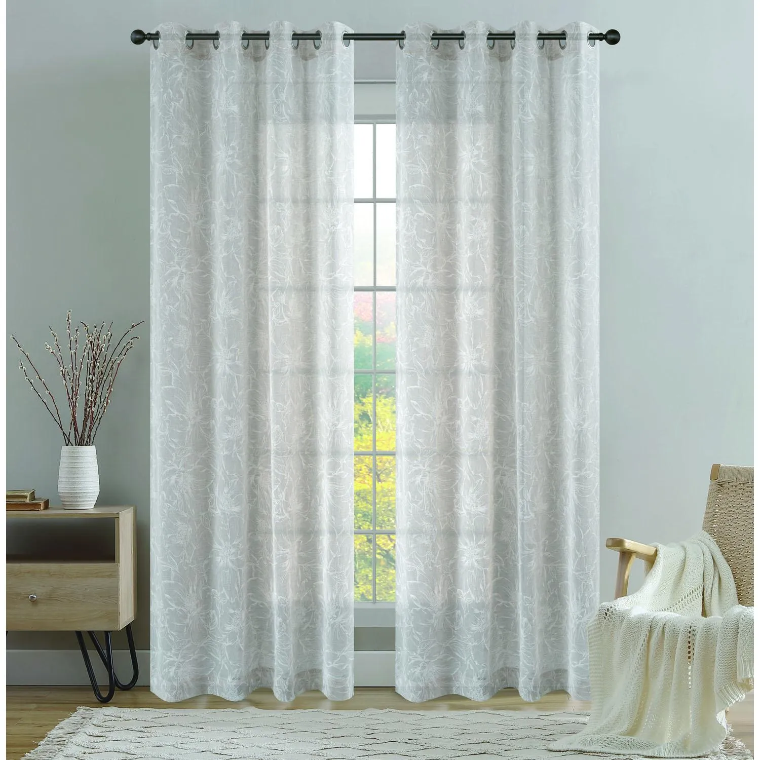 52"x82" Sheila Polyester Floral Neutral Grommet Panel Linen