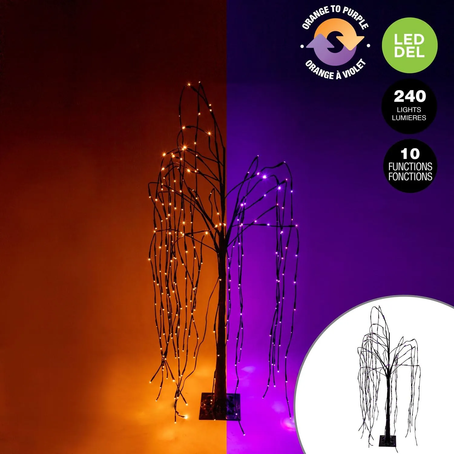 4' Black Willow Tree with 240 Orange and Purple LEDs