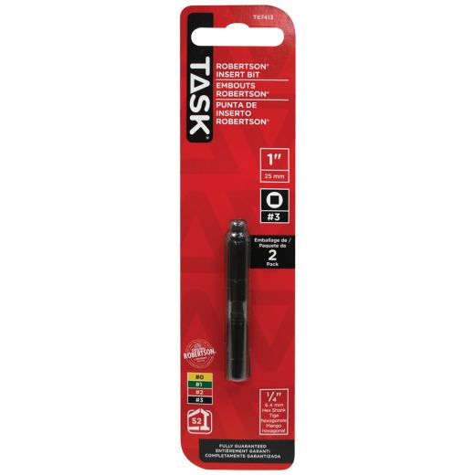1" #3 Robertson Tip Black 2 Piece Screwdriver Bit-2/Pack