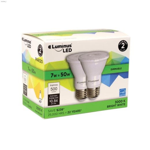 PAR20 7W 3000K 40 Degree Dimmable LED Bulb-2/Pack