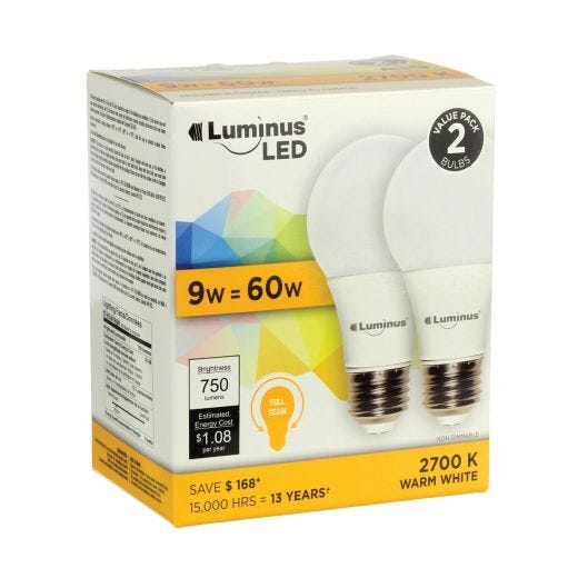 9 Watt A19 LED Bulb-2/Pack
