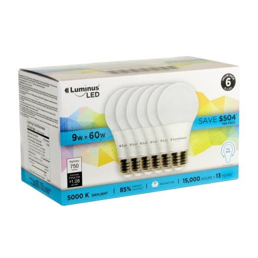 9 Watt A19 LED Bulb-6/Pack