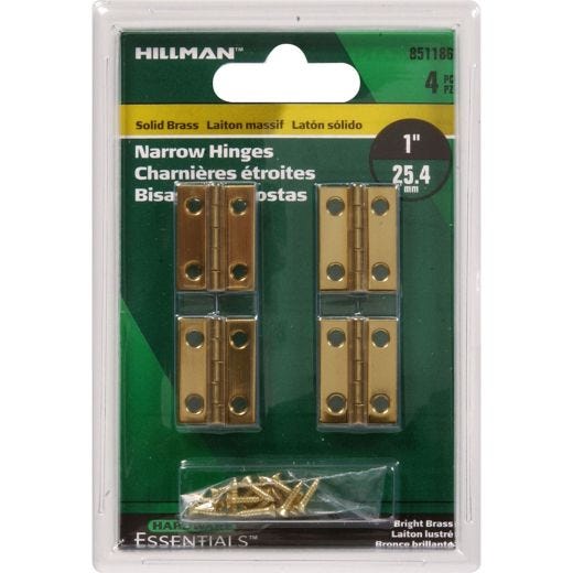 1" x 3/4" Bright Brass Solid Brass Narrow Hinge-4/Pack