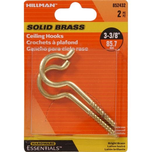 3-3/8" Solid Brass Ceiling Round Screw Hook-2/Pack