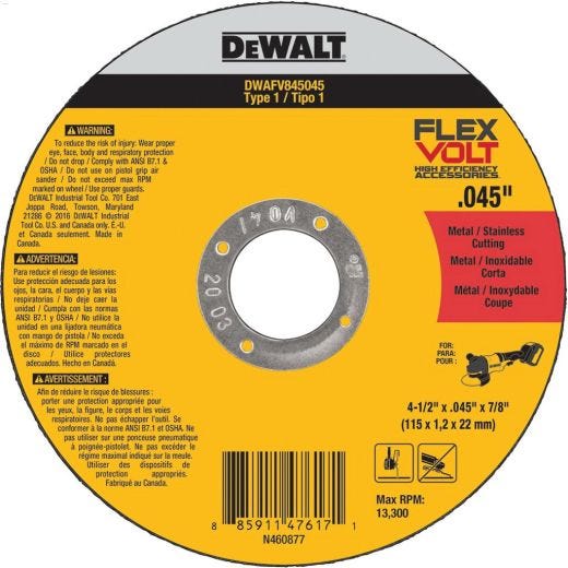 Flexvolt\u00ae 4-1\/2\" x 0.045\" Type 1 Metal Cutting Wheel
