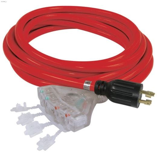 4 Outlet 25' Red SJTW Generator Extension Cord