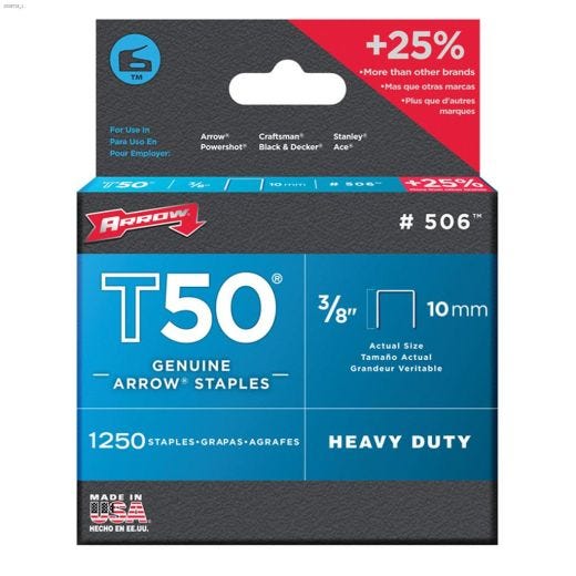 T50\u00ae 3\/8\" x 3\/8\" Steel Flat Crown Staple-1250\/Pack