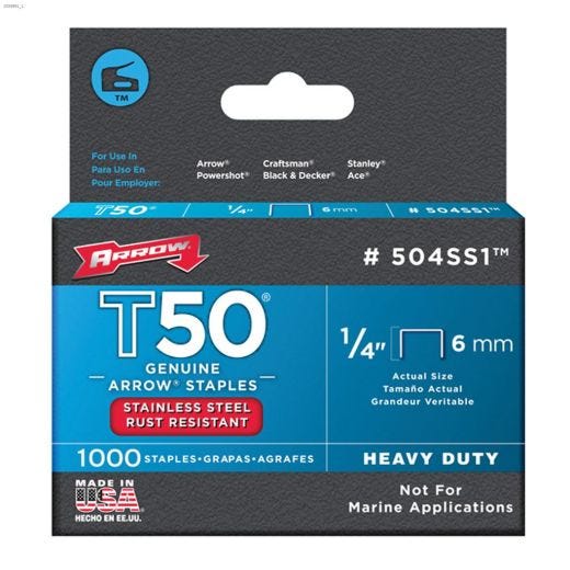 T50\u00ae 1\/4\" x 3\/8\" Stainless Steel Flat Crown Staple