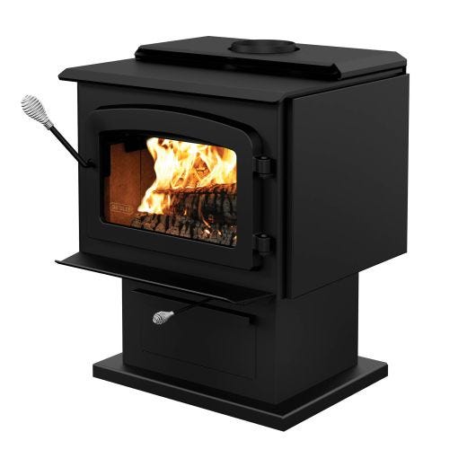 Drolet Escape 1800 Wood Stove with Black Door On Pedestal