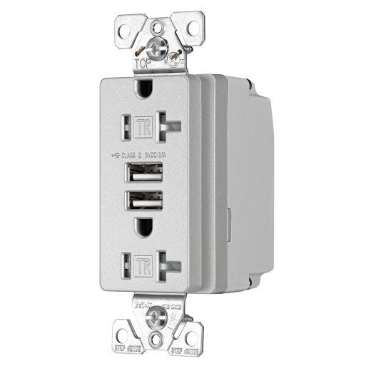 USB Charger with Duplex Receptacle - Silver Granite