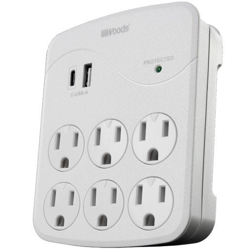 6 Outlet Wall Tap with USB-A and USB-C