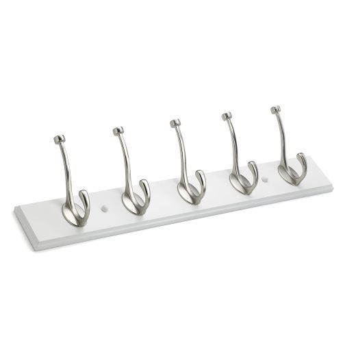 5-5/8" White Hook Rack with 5 Brushed Nickel Double Hooks