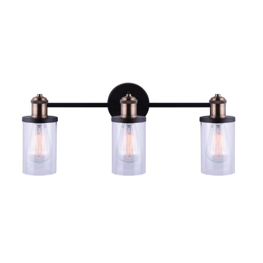 Cecilia 3 Light Vanity, Matte Black & Gold, Clear Glass