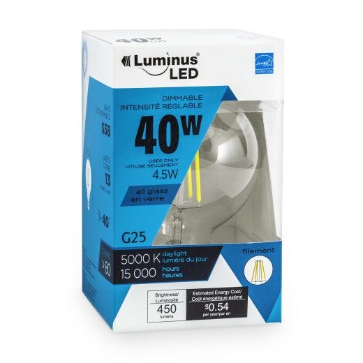 LED 4.5 Watt G25 Bulb Clear 450 Lumens 5000 Kelvin Dimmable