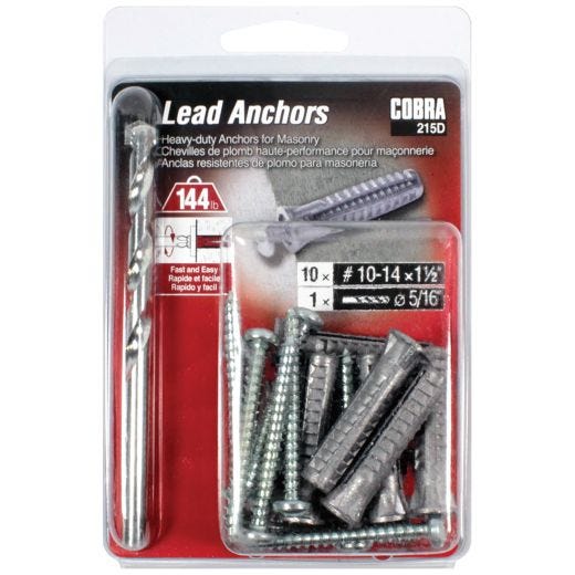 Lead Anchors #10-12-14 x 1-1/2-in + Screws + Drill - 10/Pack