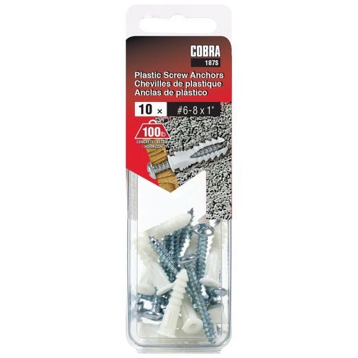 Plastic Anchors #6-8 x 1-in + Screws - 10/Pack