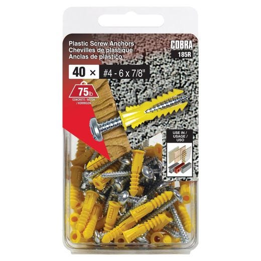 Plastic Anchors #4-6 x 7/8-in + Screws - 40/Pack