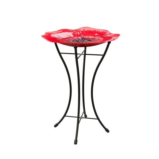 16" Red Poppy Bird Bath With Stand