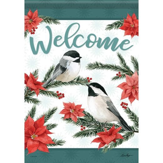 Poinsettia Chickadees Welcome Garden Flag