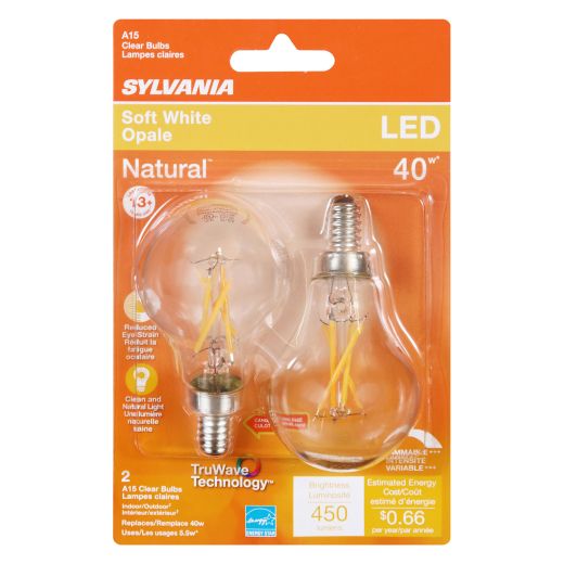 5.5 Watt Dimmable Candelabra Base LED A15, Bulb-2/Pack