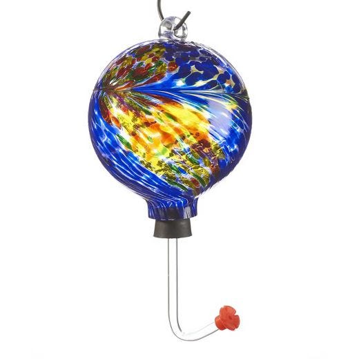 Glass Orb Hummingbird Feeder with Blue and Purple Marble De