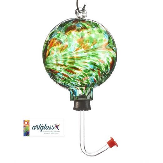 Glass Orb Hummingbird Feeder with Green and Amber Marble De