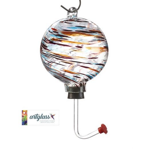 Glass Orb Hummingbird Feeder with Blue and Purple Marble De