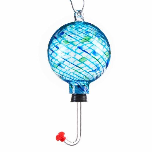 Art Glass Hummingbird Feeder with Blue and Green Design