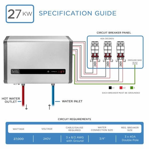 Water Heater Electric Tankless 27kW 5.3GPM