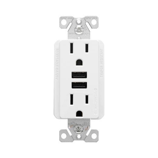 15 A White Combination USB Charger With Receptacle