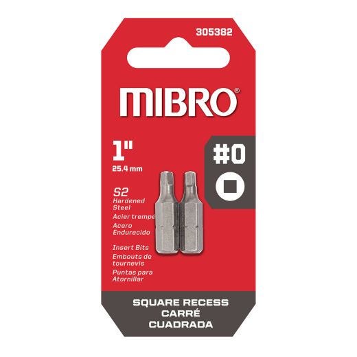 1" #0 Square Recess Screwdriver Bit-2/Pack