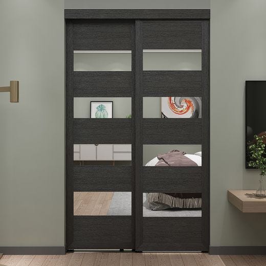 36" x 80" 4-lite Black Wood Grain Mirror Closet Door
