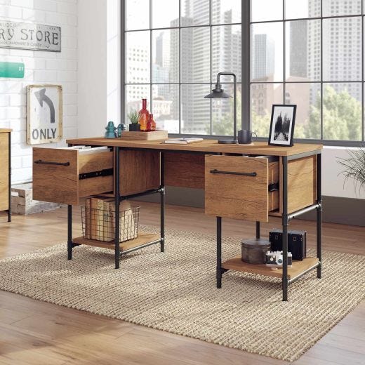 Iron City 2 Pedestal Desk Checked Oak