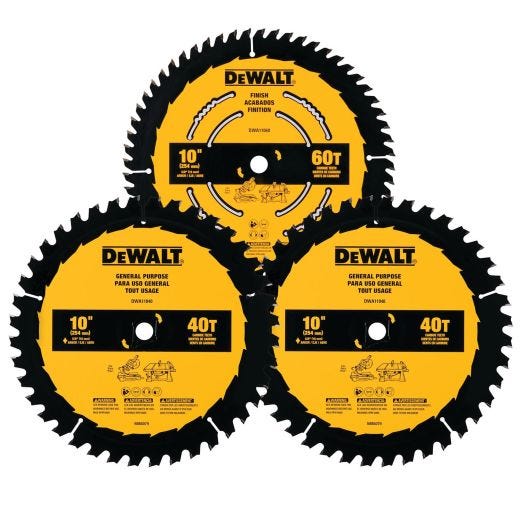 Lames de scie Dewalt 10 po, 60 dents et 2 x 40 dents, paquet