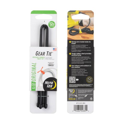 12" Black Gear Tie Reusable Rubber Twist Tie-2/Pack