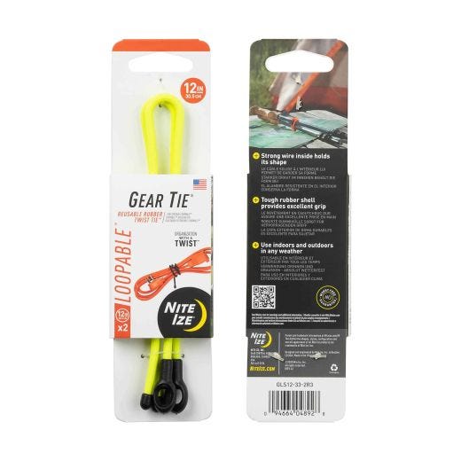 12" Neon Yellow Gear Tie Loopable Twist Tie-2/Pack