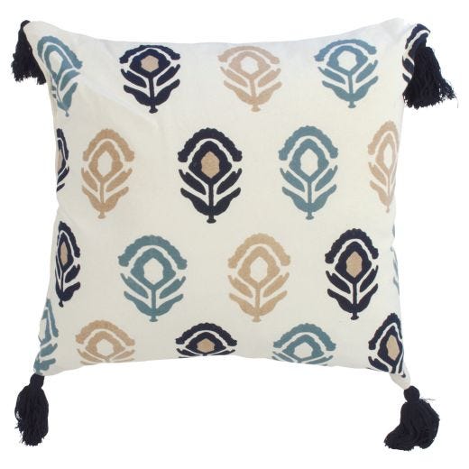 Beige Motif Cushion With Dark Blue Tassels