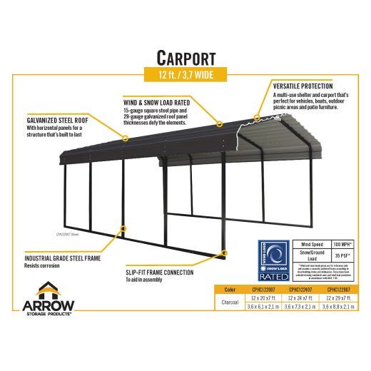 Galvanized Steel Carport 12'x 20'x7'-Black/Charcoal