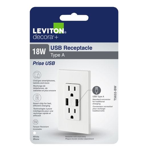 Decora USB Charger 15A Receptacle Type-A-White