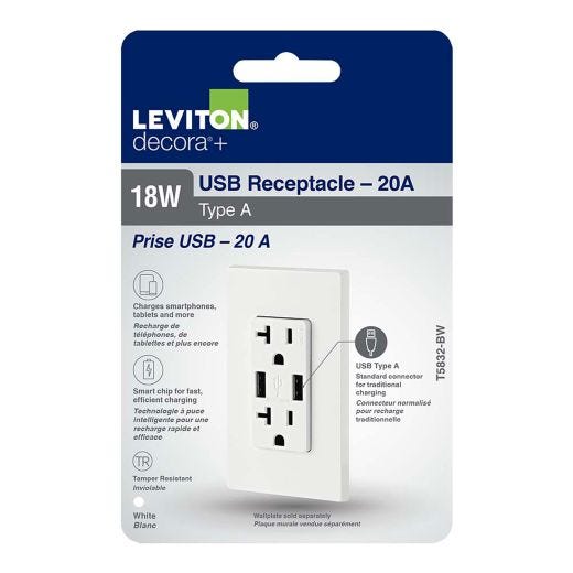 Decora USB Charger 20A Receptacle Type-A-White