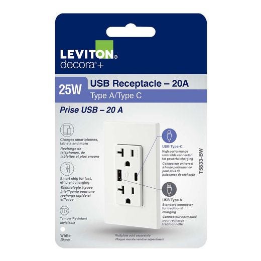 Decora USB 20A Receptacle Type-A/Type-C-White