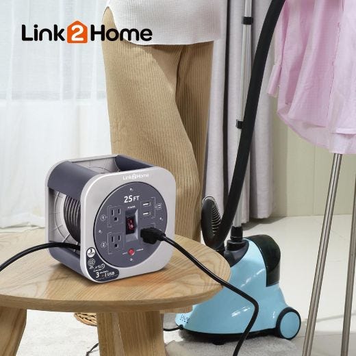 Link2Home 25ft Cord Reel 16AWG 3 Outlets 2 USB Grey