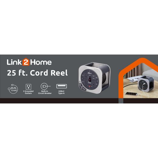 Link2Home 25ft Cord Reel 16AWG 3 Outlets 2 USB Grey