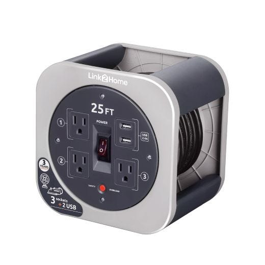 Link2Home 25ft Cord Reel 16AWG 3 Outlets 2 USB Grey
