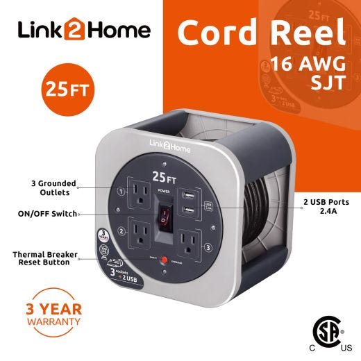 Link2Home 25ft Cord Reel 16AWG 3 Outlets 2 USB Grey
