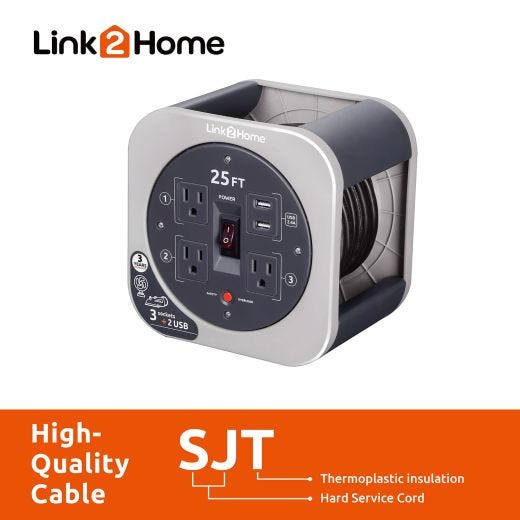 Link2Home 25ft Cord Reel 16AWG 3 Outlets 2 USB Grey
