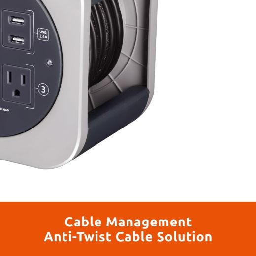Link2Home 25ft Cord Reel 16AWG 3 Outlets 2 USB Grey