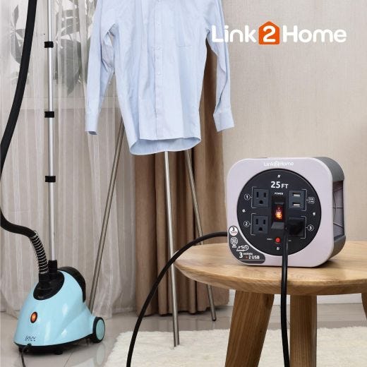 Link2Home 25ft Cord Reel 16AWG 3 Outlets 2 USB Grey