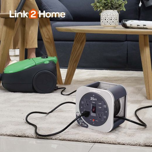 Link2Home 25ft Cord Reel 16AWG 3 Outlets 2 USB Grey