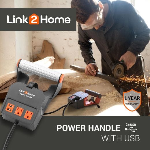 Link2Home Power Handle 20ft. 14AWG 2 Outlets 2 USB Black